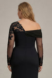 Plus Size Black Ruched One Shoulder Long Sleeves Mother of the Bride Dress with Appliques