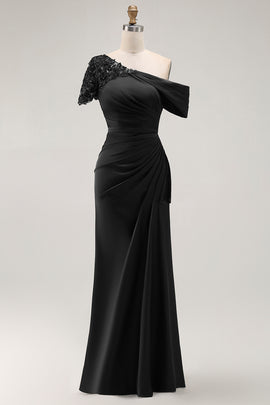 Black Appliqued Sheath One Shoulder Long Mother of the Bride Dress