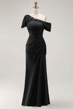 Black Appliqued Sheath One Shoulder Long Mother of the Bride Dress