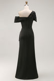 Black Appliqued Sheath One Shoulder Long Mother of the Bride Dress