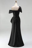 Black Appliqued Sheath One Shoulder Long Mother of the Bride Dress
