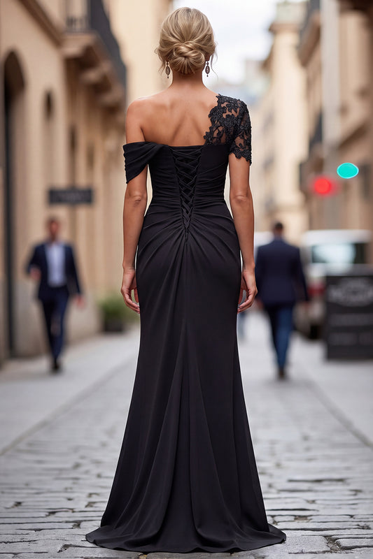Black One Shoulder Sheath Long Mother of the Bride Dress with Appliques