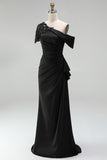 Black One Shoulder Sheath Long Mother of the Bride Dress with Appliques