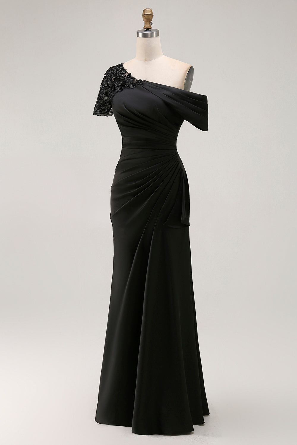 Zapakasa Women Black Ruched Satin Long Mother of the Bride Dress Appliqued Sheath One Shoulder Formal Dress