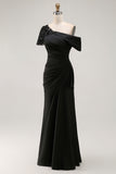 Black Appliqued Sheath One Shoulder Long Mother of the Bride Dress