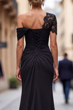 Black Appliqued Sheath One Shoulder Long Mother of the Bride Dress
