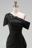 Black One Shoulder Sheath Long Mother of the Bride Dress with Appliques