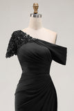 Black Appliqued Sheath One Shoulder Long Mother of the Bride Dress
