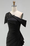 Black One Shoulder Sheath Long Mother of the Bride Dress with Appliques