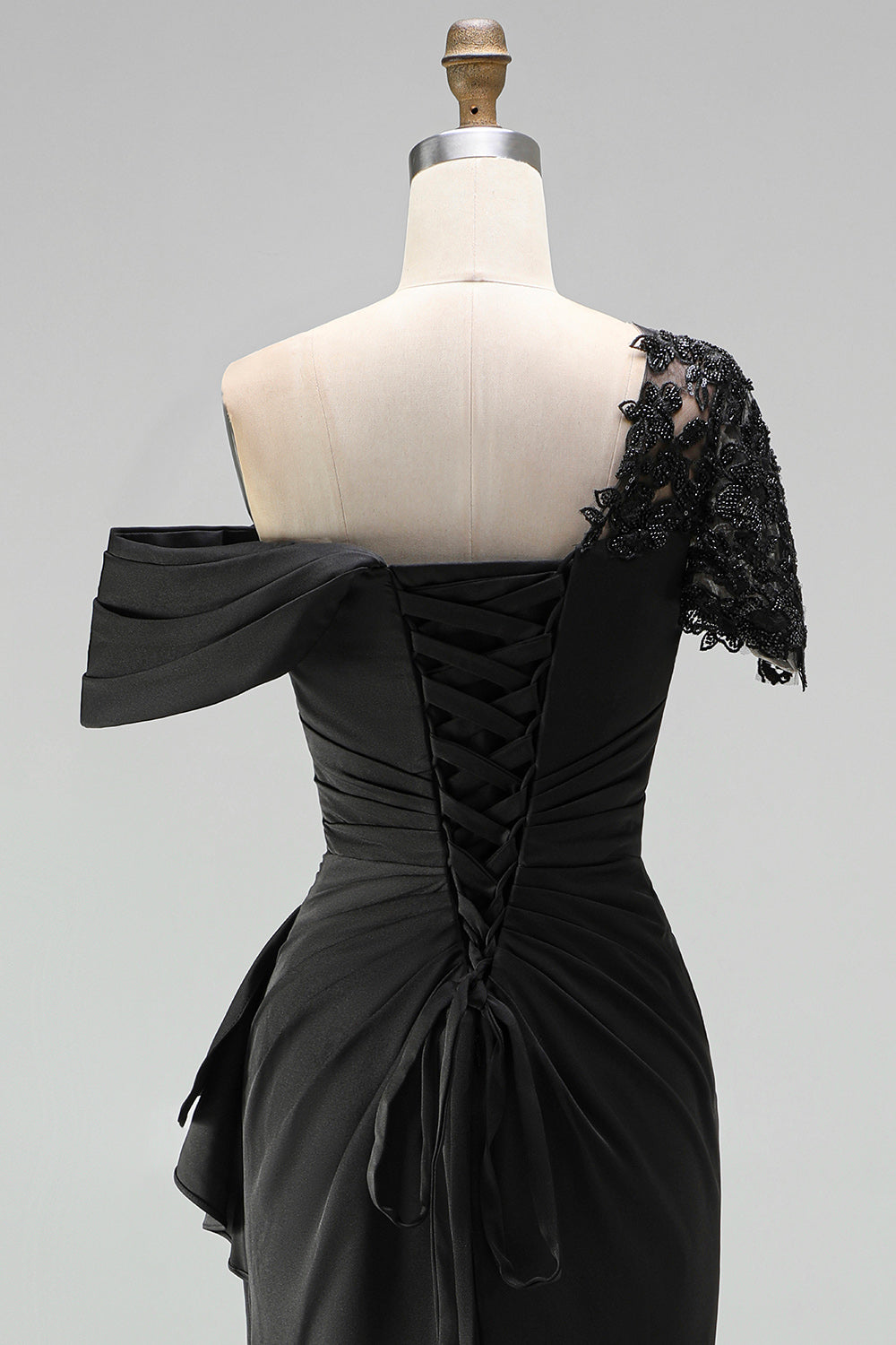 Black Appliqued Sheath One Shoulder Long Mother of the Bride Dress