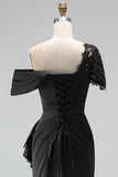Black Appliqued Sheath One Shoulder Long Mother of the Bride Dress