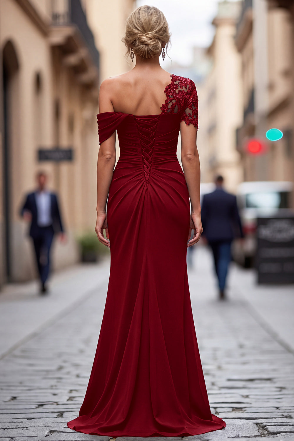 Black Appliqued Sheath One Shoulder Long Mother of the Bride Dress