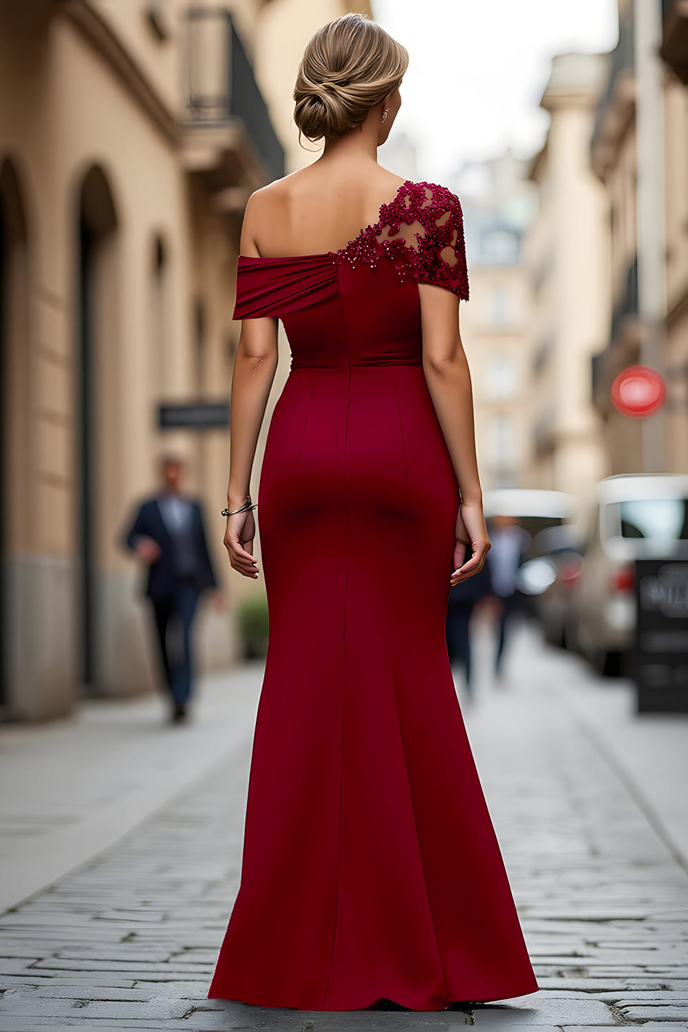 Black One Shoulder Sheath Long Mother of the Bride Dress with Appliques