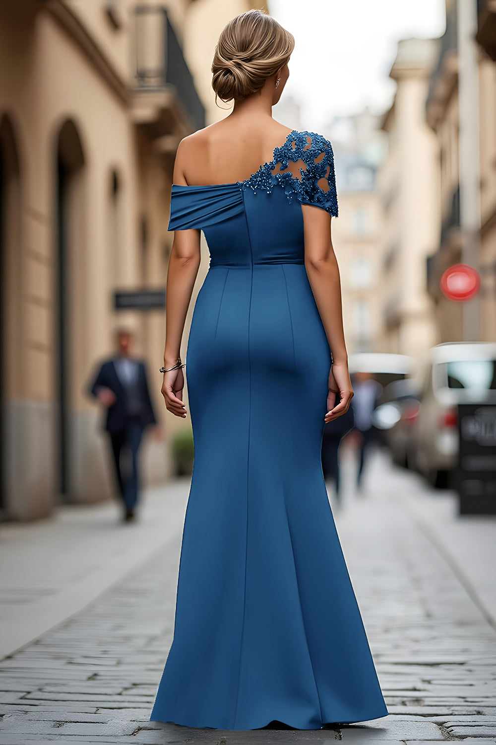 Black One Shoulder Sheath Long Mother of the Bride Dress with Appliques