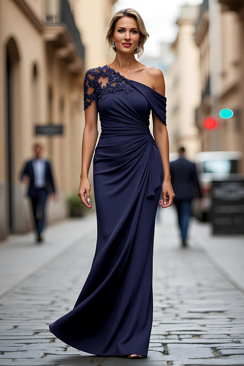Black One Shoulder Sheath Long Mother of the Bride Dress with Appliques
