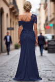 Black Appliqued Sheath One Shoulder Long Mother of the Bride Dress
