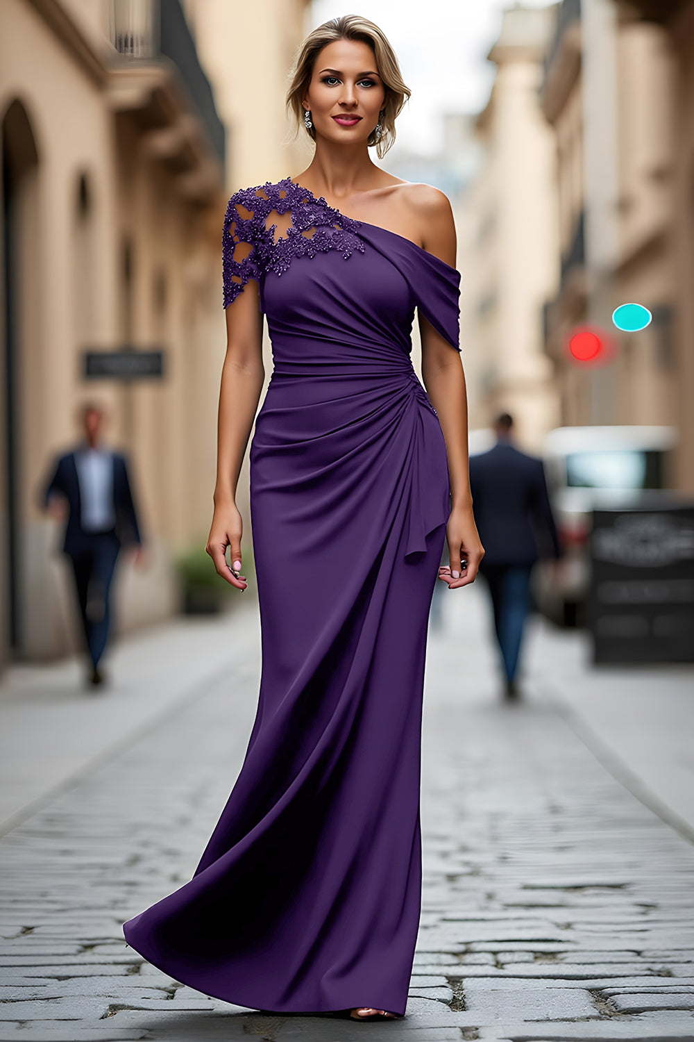 dark purple one shoulder dress Simple Purple Satin One Shoulder Slit Wedding Guest Gown