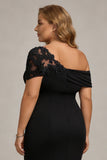 Plus Size Black One Shoulder Sheath Long Mother of the Bride Dress with Appliques