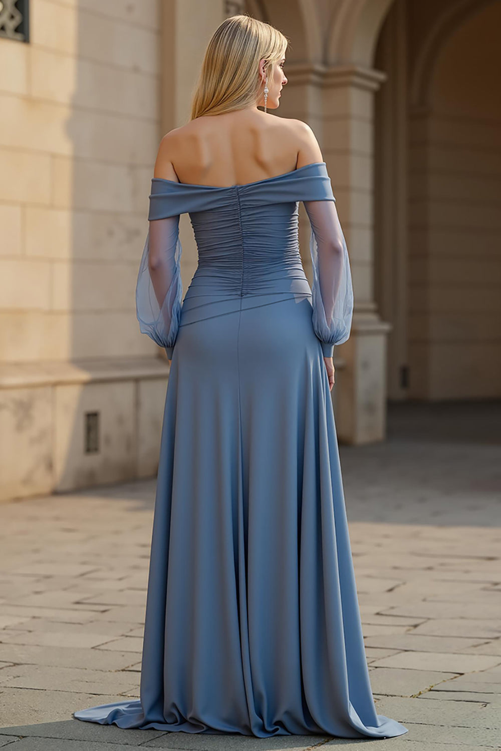 Dusty Blue A Line Satin Off the Shoulder Long Ruched Mother of the Bride Dress