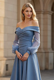 Dusty Blue A Line Satin Off the Shoulder Long Ruched Mother of the Bride Dress