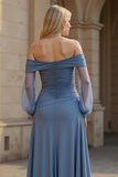 Dusty Blue A Line Satin Off the Shoulder Long Ruched Mother of the Bride Dress