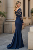 Navy Mermaid V-Neck Long Sleeves Mother of the Bride Dress with Lace