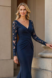 Navy Mermaid V-Neck Long Sleeves Mother of the Bride Dress with Lace