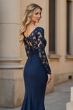 Navy Mermaid V-Neck Long Sleeves Mother of the Bride Dress with Lace
