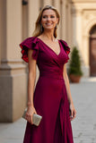Burgundy V-Neck A Line Maxi Ruched Mother of the Bride Dress with Slit
