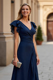 Burgundy V-Neck A Line Maxi Ruched Mother of the Bride Dress with Slit