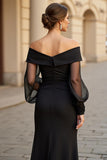 Black Off the Shoulder Long A Line Mother of the Bride Dress with Sleeves