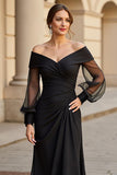 Black Off the Shoulder Long A Line Mother of the Bride Dress with Sleeves