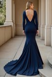 Navy V-Neck Mermaid Ruched Long Sleeves Mother of the Bride Dress