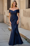 Navy Mermaid Ruched Long Mother of the Bride Dress with Ruffles