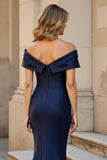 Navy Mermaid Ruched Long Mother of the Bride Dress with Ruffles