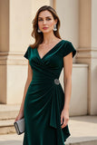 Pine Velvet V-Neck Ruched Long Mother of the Bride Dress with Ruffles