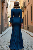 Navy Mermaid V-Neck Long Mother of the Bride Dress with Sleeves
