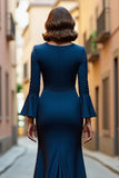 Navy Mermaid V-Neck Long Mother of the Bride Dress with Sleeves