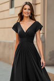 Black V-Neck Chiffon Ruched Long Mother of the Bride Dress with Sleeves