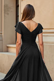 Black V-Neck Chiffon Ruched Long Mother of the Bride Dress with Sleeves