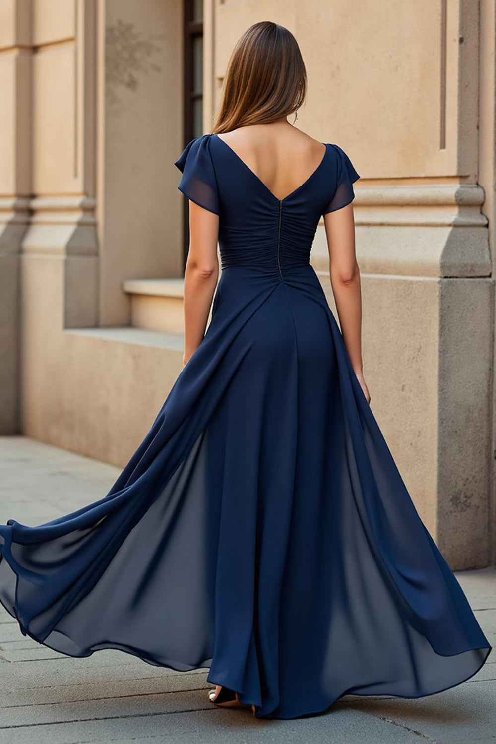 Black V-Neck Chiffon Ruched Long Mother of the Bride Dress with Sleeves