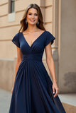 Black V-Neck Chiffon Ruched Long Mother of the Bride Dress with Sleeves