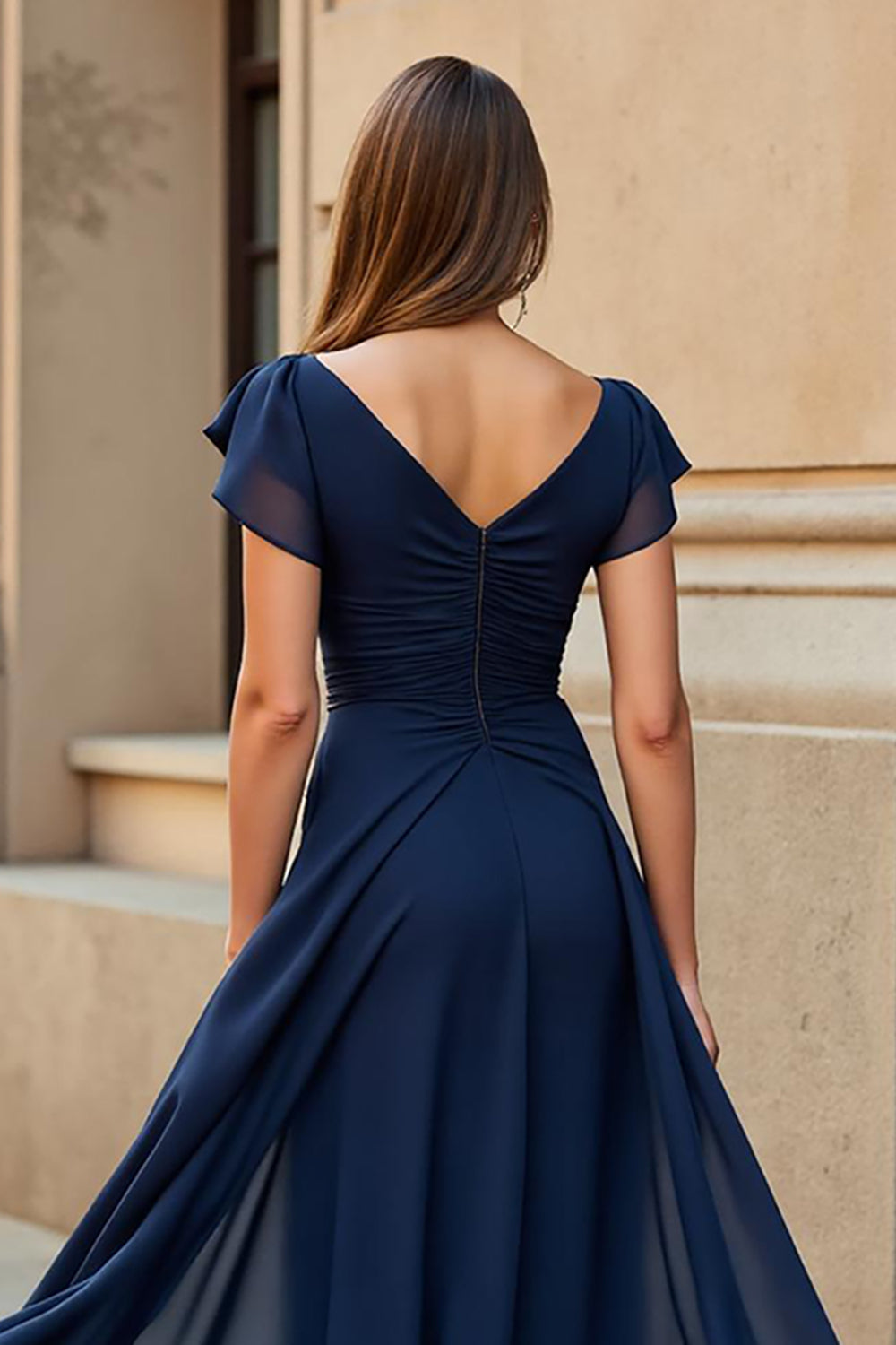 Black V-Neck Chiffon Ruched Long Mother of the Bride Dress with Sleeves