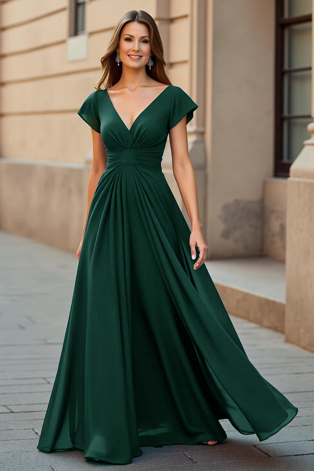 Black V-Neck Chiffon Ruched Long Mother of the Bride Dress with Sleeves
