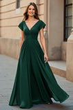 Black V-Neck Chiffon Ruched Long Mother of the Bride Dress with Sleeves