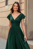 Black V-Neck Chiffon Ruched Long Mother of the Bride Dress with Sleeves