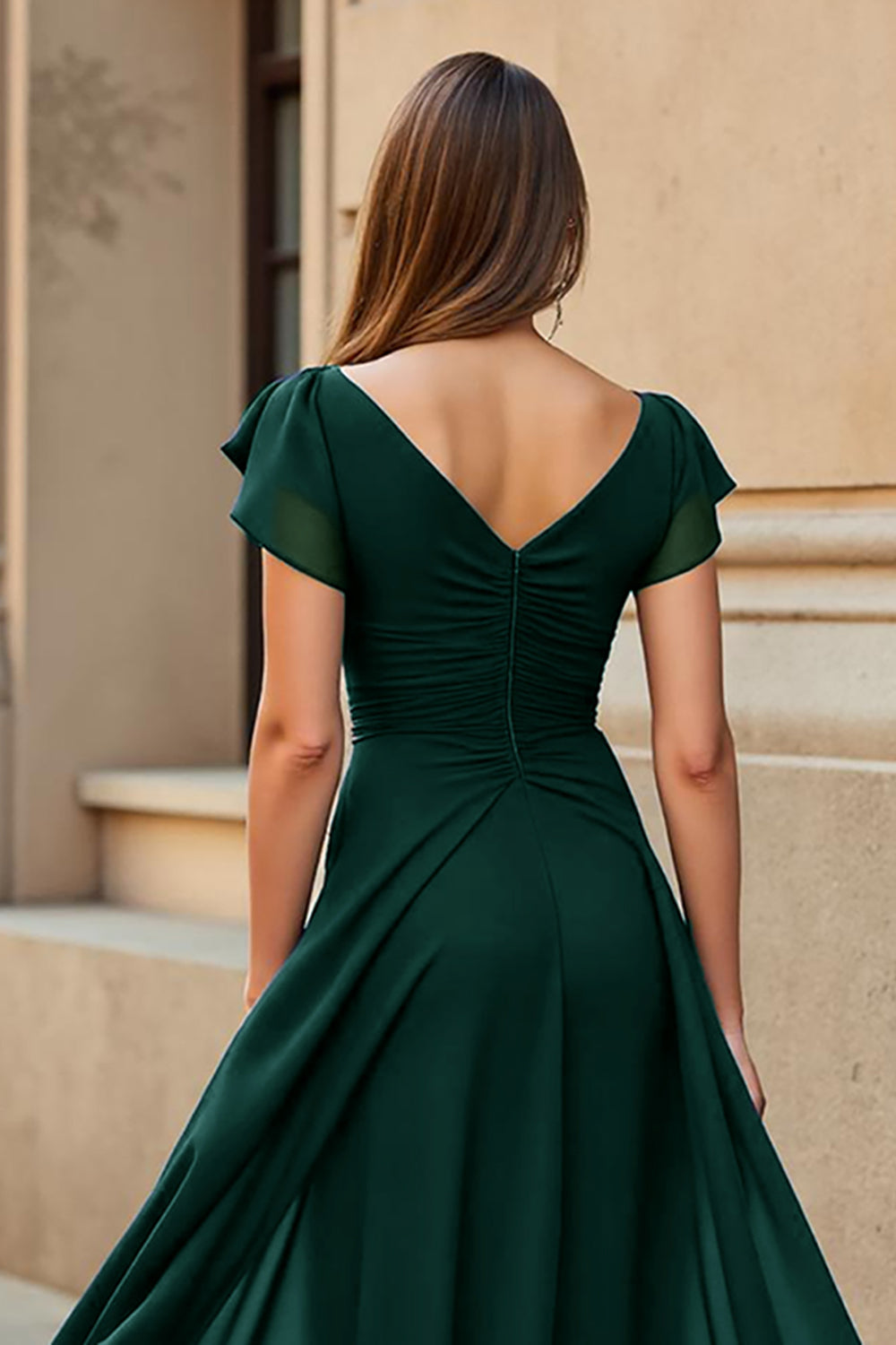 Black V-Neck Chiffon Ruched Long Mother of the Bride Dress with Sleeves