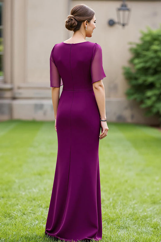 Grape Floral Boat Neck Mermaid Long Mother of the Bride Dress with Sleeves