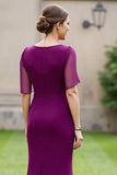 Grape Floral Boat Neck Mermaid Long Mother of the Bride Dress with Sleeves