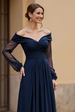 Navy Ruched Chiffon Long Mother of the Bride Dress with Sleeves